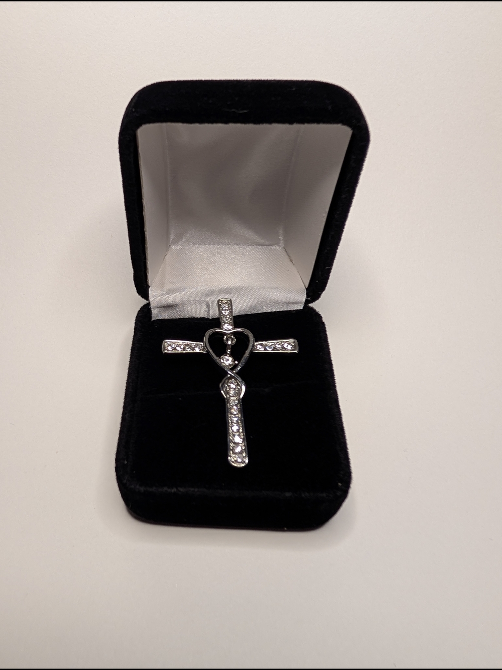 Silver Tone Heart Cross Pendant Necklace, Clear Sparkling Crystals